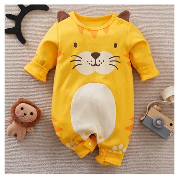 cute yellow hopscotch romper for baby with a tiger face design on it
