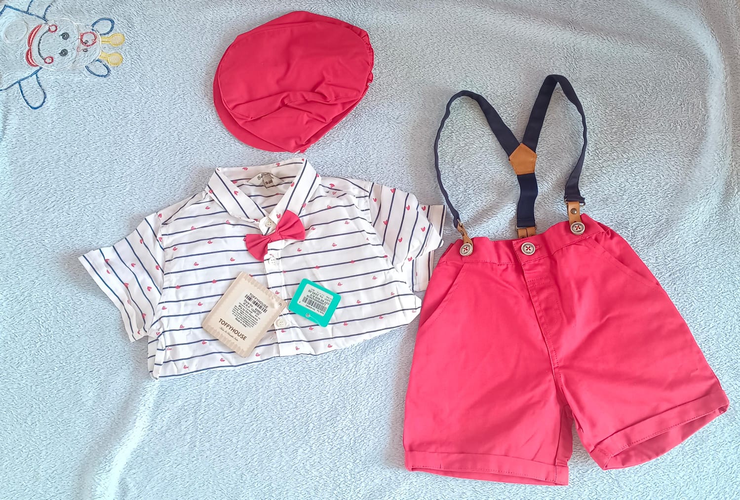 NEW Toffyhouse cotton half sleeve shirt, shorts with bow and suspenders and cap for baby boy