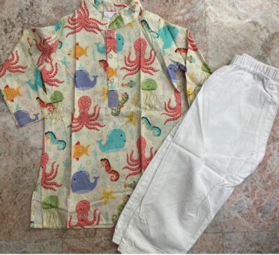 preowned Like NEW Sea Animals Print Kurta Pyjama Set (2-3 years)