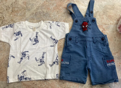 preowned but unused NEW Spiderman dungaree set (6-12 months)