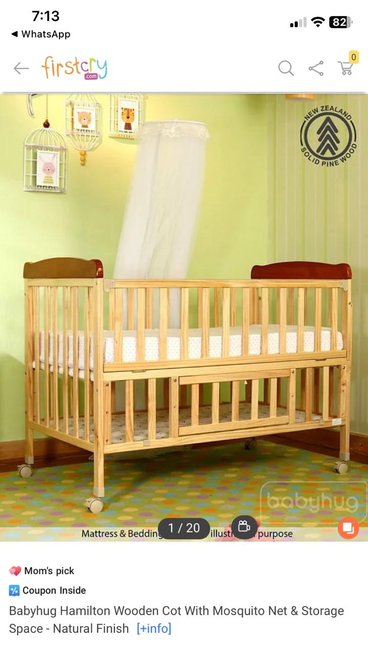 preloved Like NEW Babyhug Hamilton Wooden Cot & Mattress Set ( Bangalore )