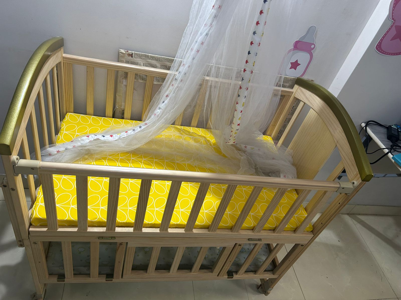My thrift baby loot Gently used wooden baby cot with mattress and mosquito net for sale in Mumbai