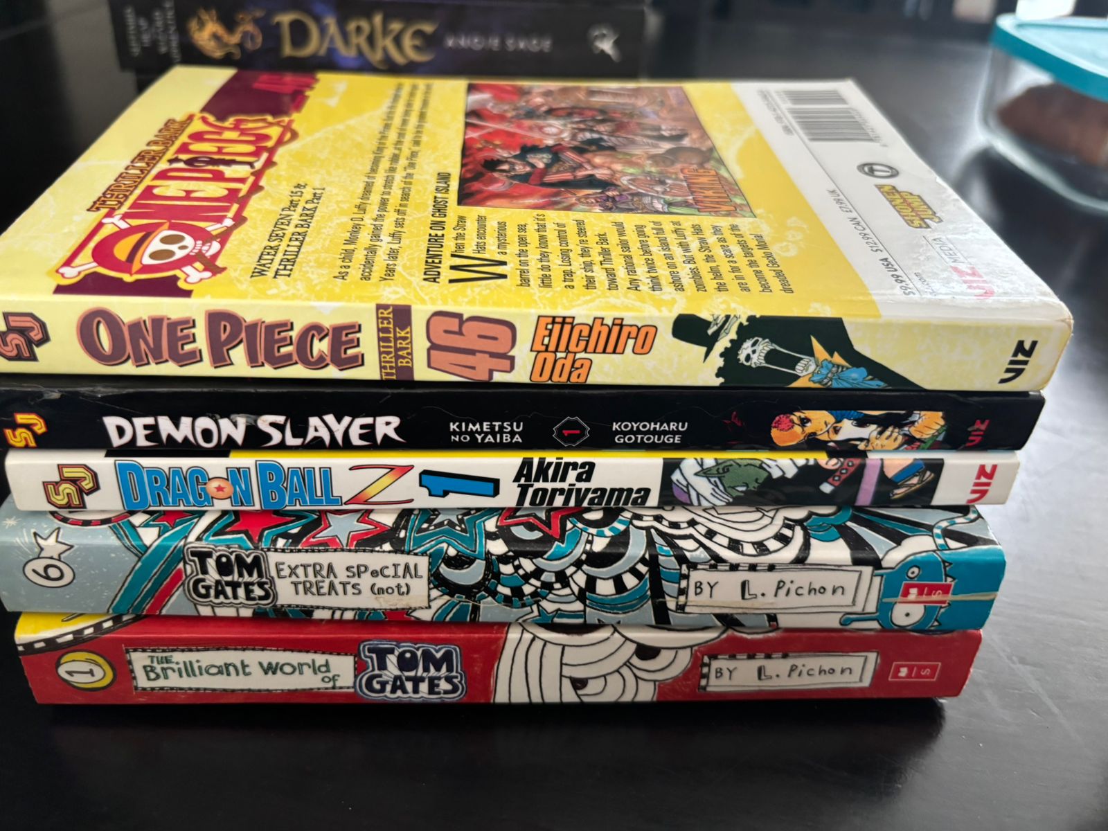 Manga (Japanese comics): One Piece by Eiichiro Oda Demon Slayer: Kimetsu no Yaiba by Koyoharu Gotouge Dragon Ball Z by Akira Toriyama Children's illustrated novels: Tom Gates Extra Special Treats (not) by L. Pichon The Brilliant World of Tom Gates by L. Pichon